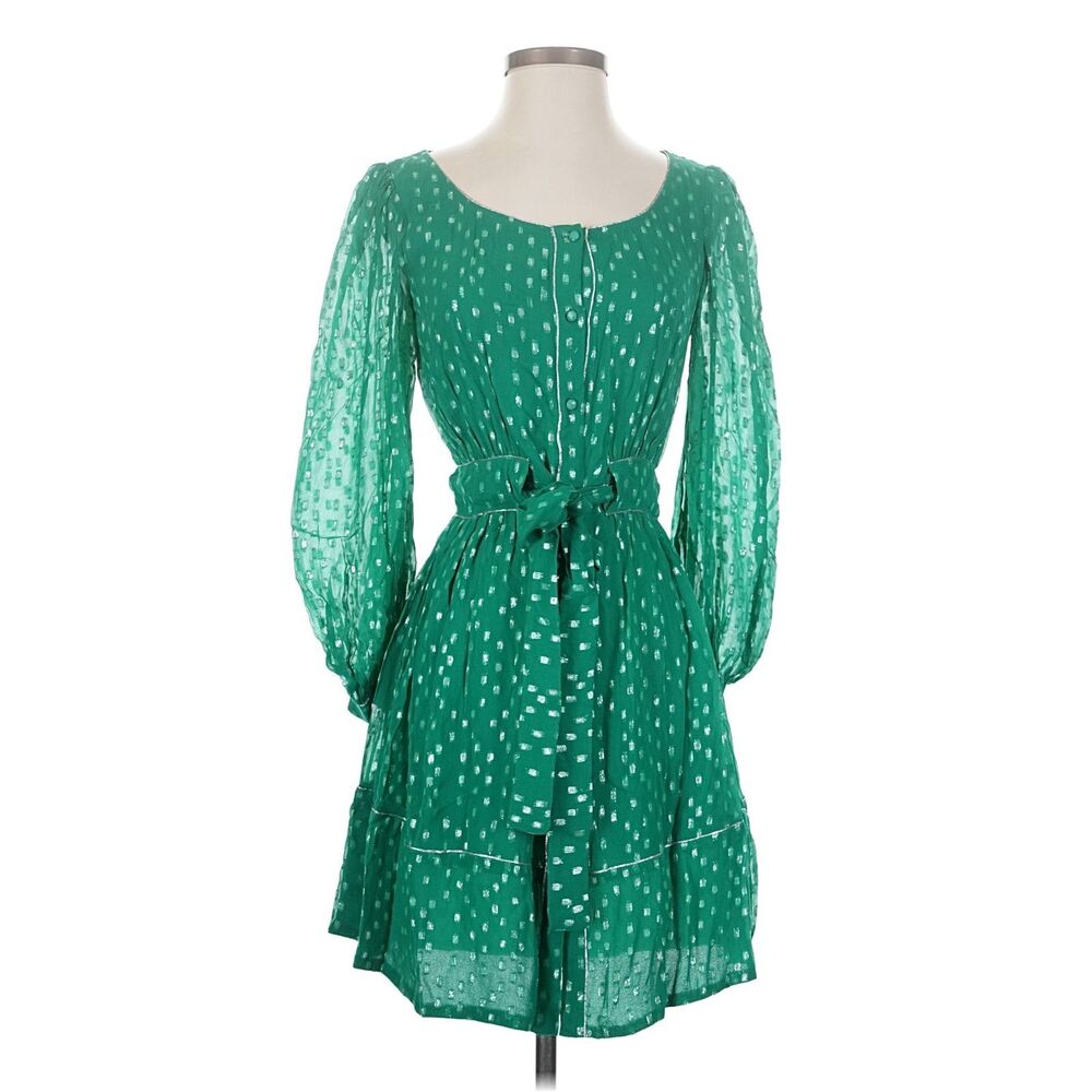 Rococo Sand Metallic Dot Puff Sleeve Mini Dress XS Green Tie Waist